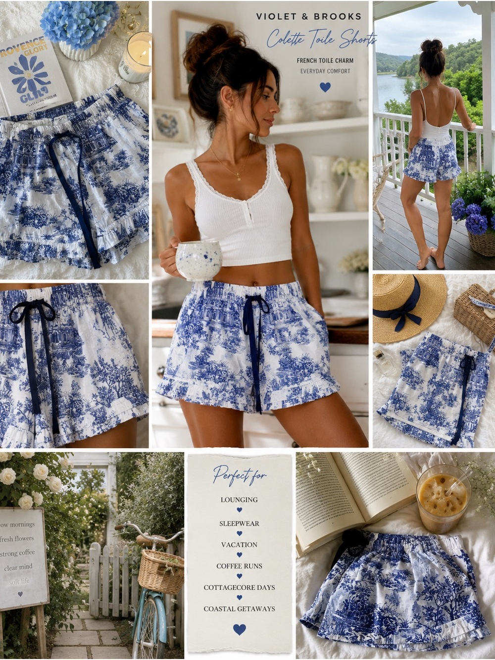 Violet & Brooks Colette Toile Shorts S/M Blue White Ruffle Lounge Cottagecore